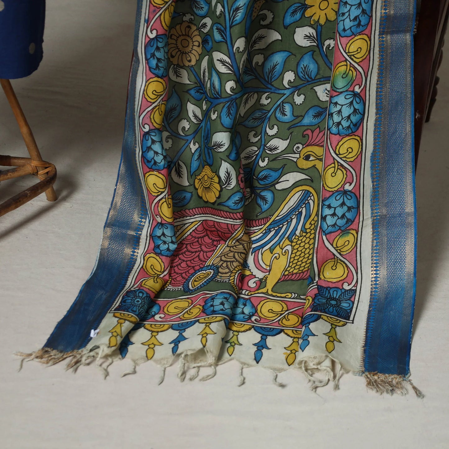 Blue 2-Piece Jacquard Cotton Dress Material Set with Hand-Painted Pen Kalamkari Dupatta & Jewelry