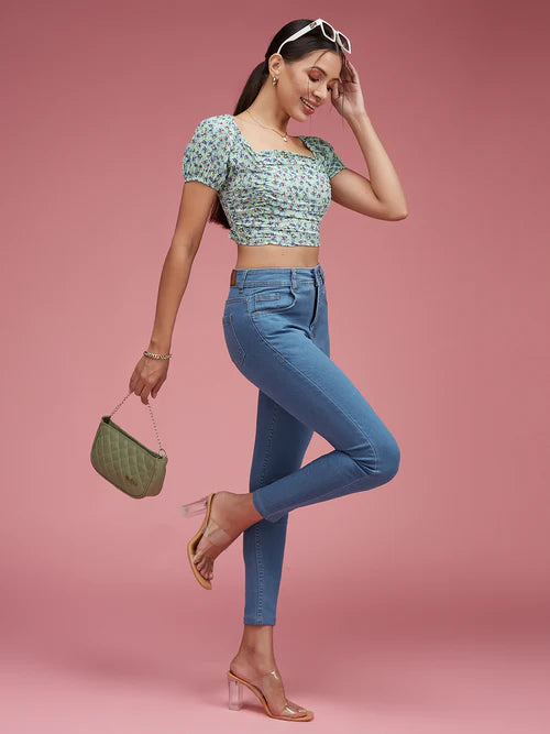 Women's Blue Skinny High Rise Cropped Denim Jeans