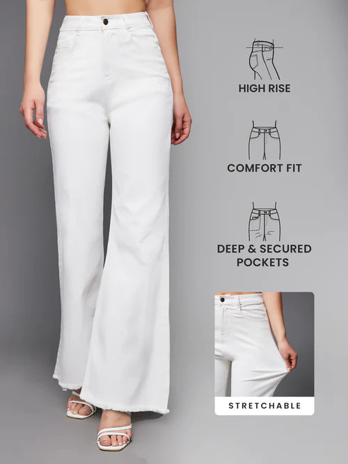 White Bell Bottom Bootcut High Rise Stretchable Denim Jeans