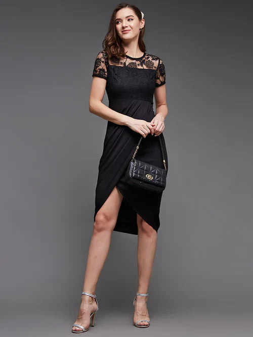 Women's Black Self-Designed Pleated Knee-Length Party Dress