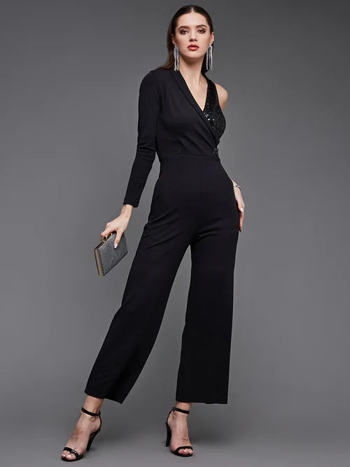 Black Sequined Shawl Collar Asymmetric Blazer-Styled Slim Fit Party Jumpsuit