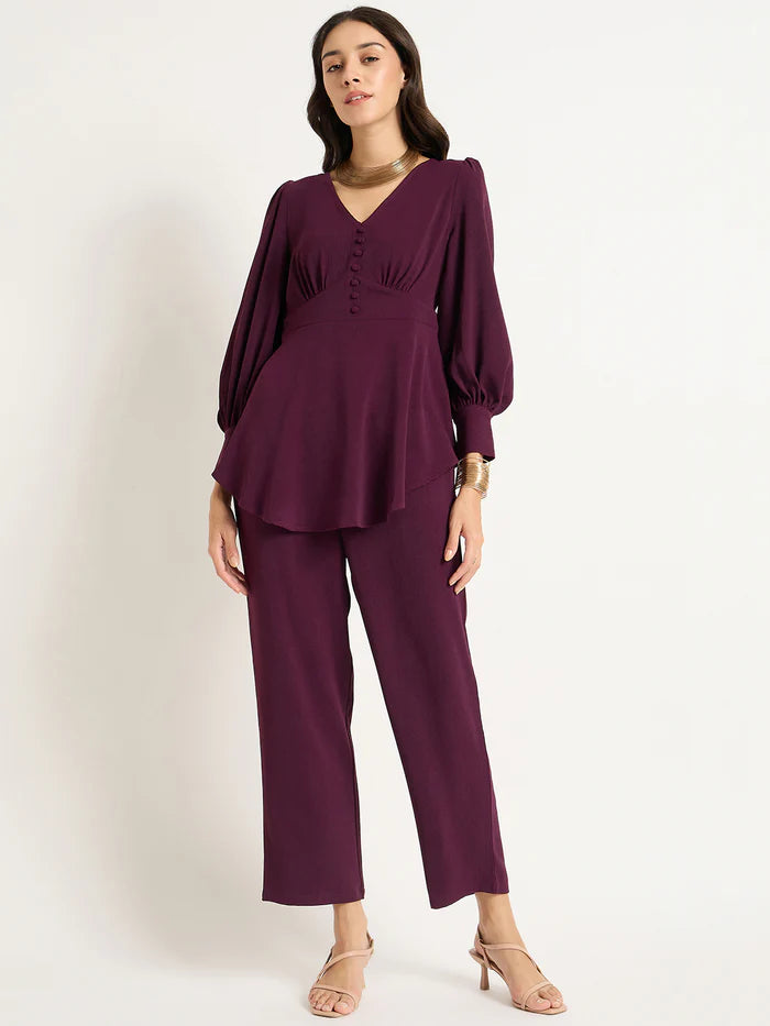 Wine Color V-Neck Co-Ord Set