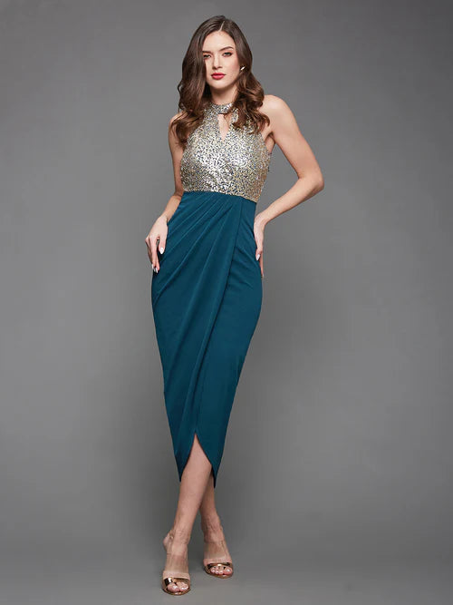 Women's Teal Solid Embellished Midi Dress:
