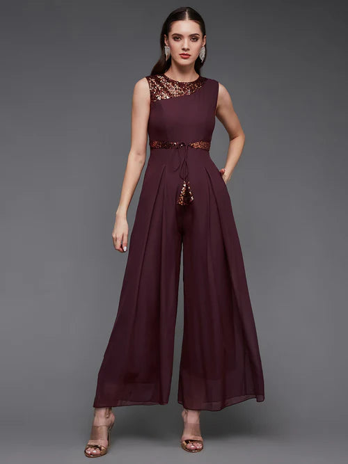 Women's Wine Sequined Sleeveless Round Neck Party Jumpsuit