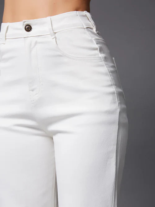 White Bell Bottom Bootcut High Rise Stretchable Denim Jeans