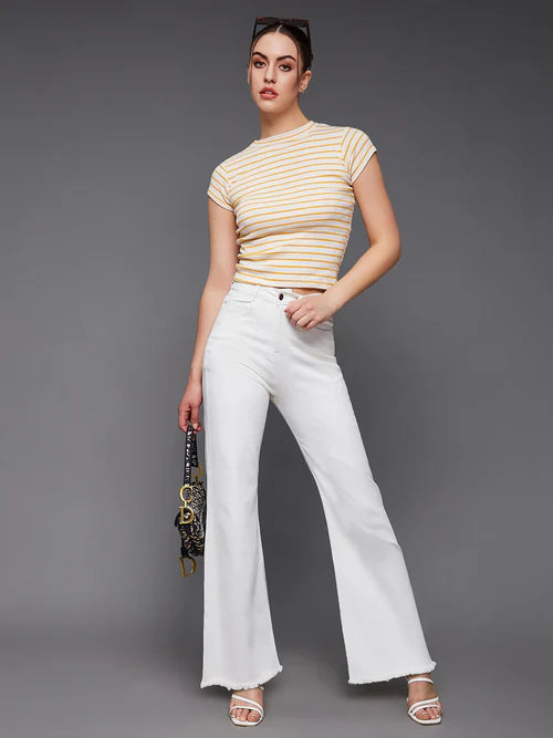 White Bell Bottom Bootcut High Rise Stretchable Denim Jeans