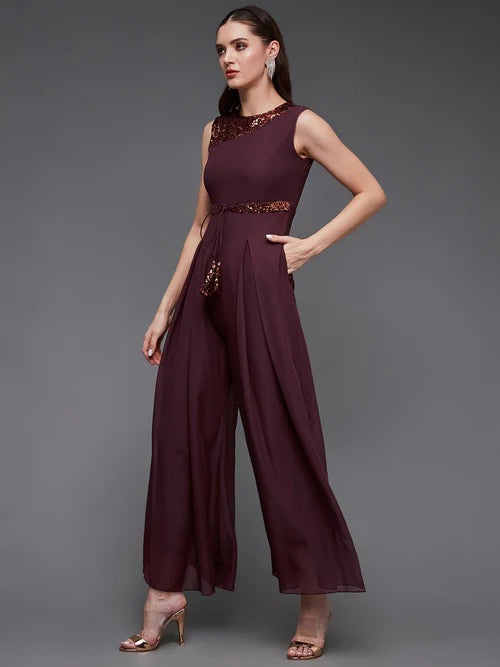 Women's Wine Sequined Sleeveless Round Neck Party Jumpsuit