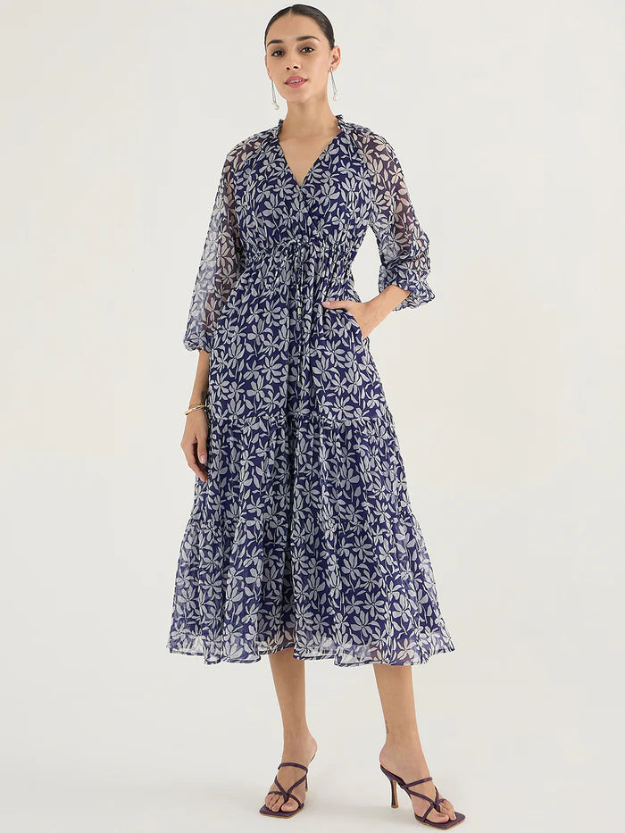 Blue Floral Tiered Maxi Dress