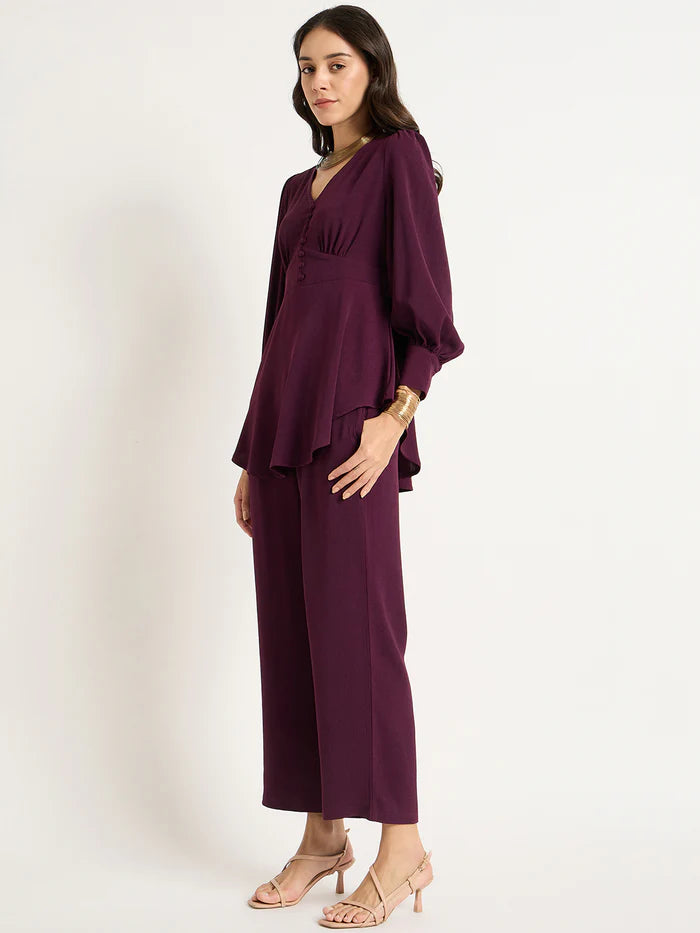 Wine Color V-Neck Co-Ord Set