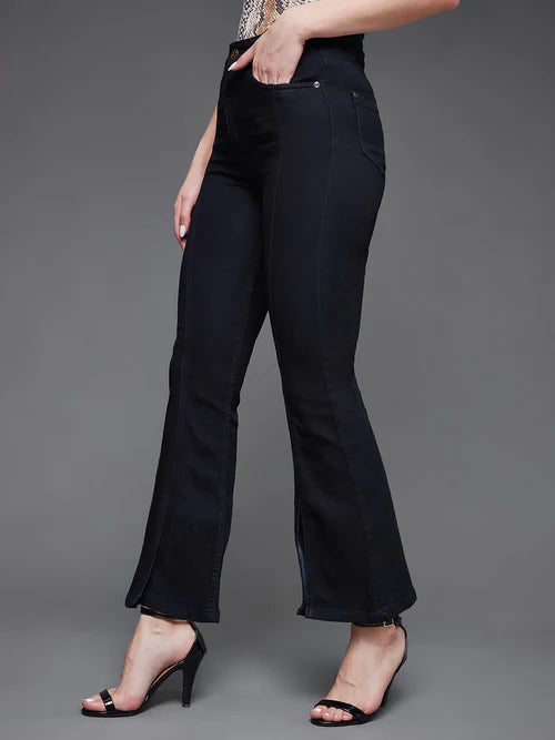 Women's Black Bell Bottom Bootcut Hourglass High rise Stretchable Slit Denim Jeans
