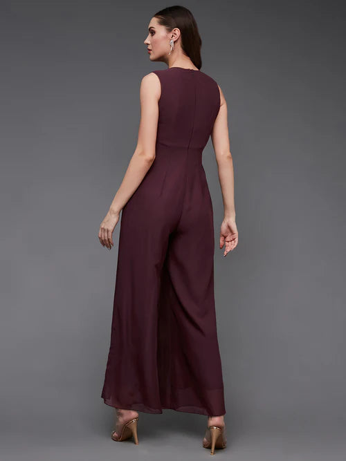 Women's Wine Sequined Sleeveless Round Neck Party Jumpsuit