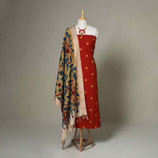 Red Jacquard Cotton Dress Material Set with Hand-Painted Kalamkari Dupatta & Jewelry