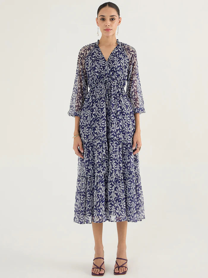 Blue Floral Tiered Maxi Dress