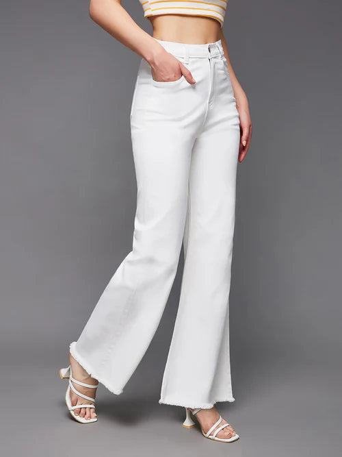 White Bell Bottom Bootcut High Rise Stretchable Denim Jeans