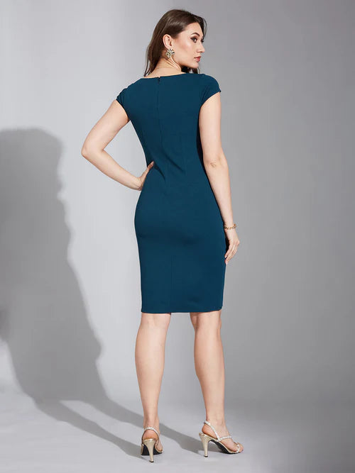 Women's Teal Solid Wrapped V-Neck Knee-Long Slim Fit Dress