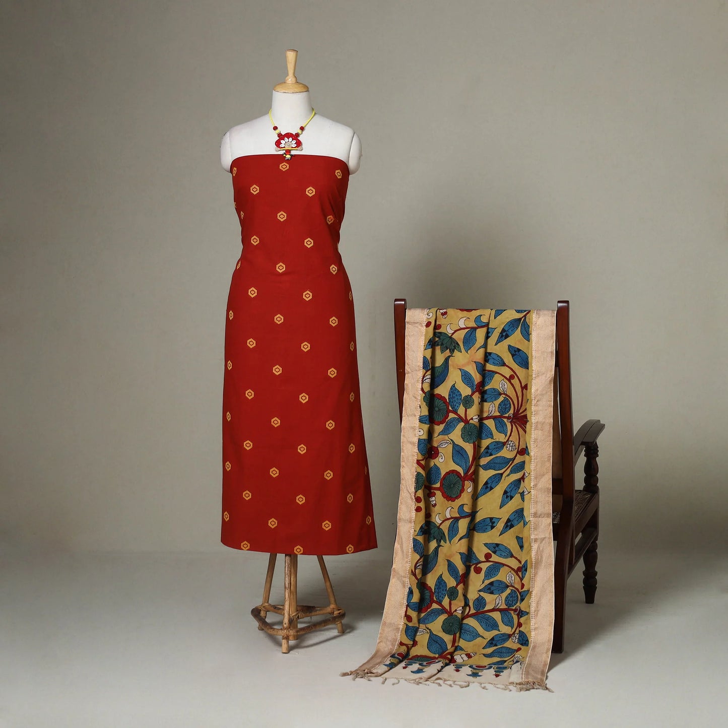 Red Jacquard Cotton Dress Material Set with Hand-Painted Kalamkari Dupatta & Jewelry