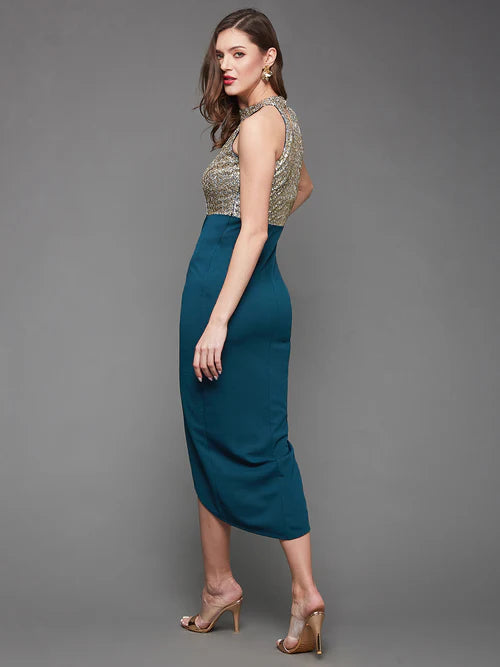 Women's Teal Solid Embellished Midi Dress: