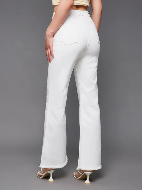 White Bell Bottom Bootcut High Rise Stretchable Denim Jeans