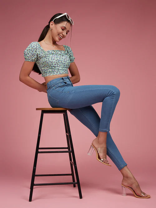 Women's Blue Skinny High Rise Cropped Denim Jeans