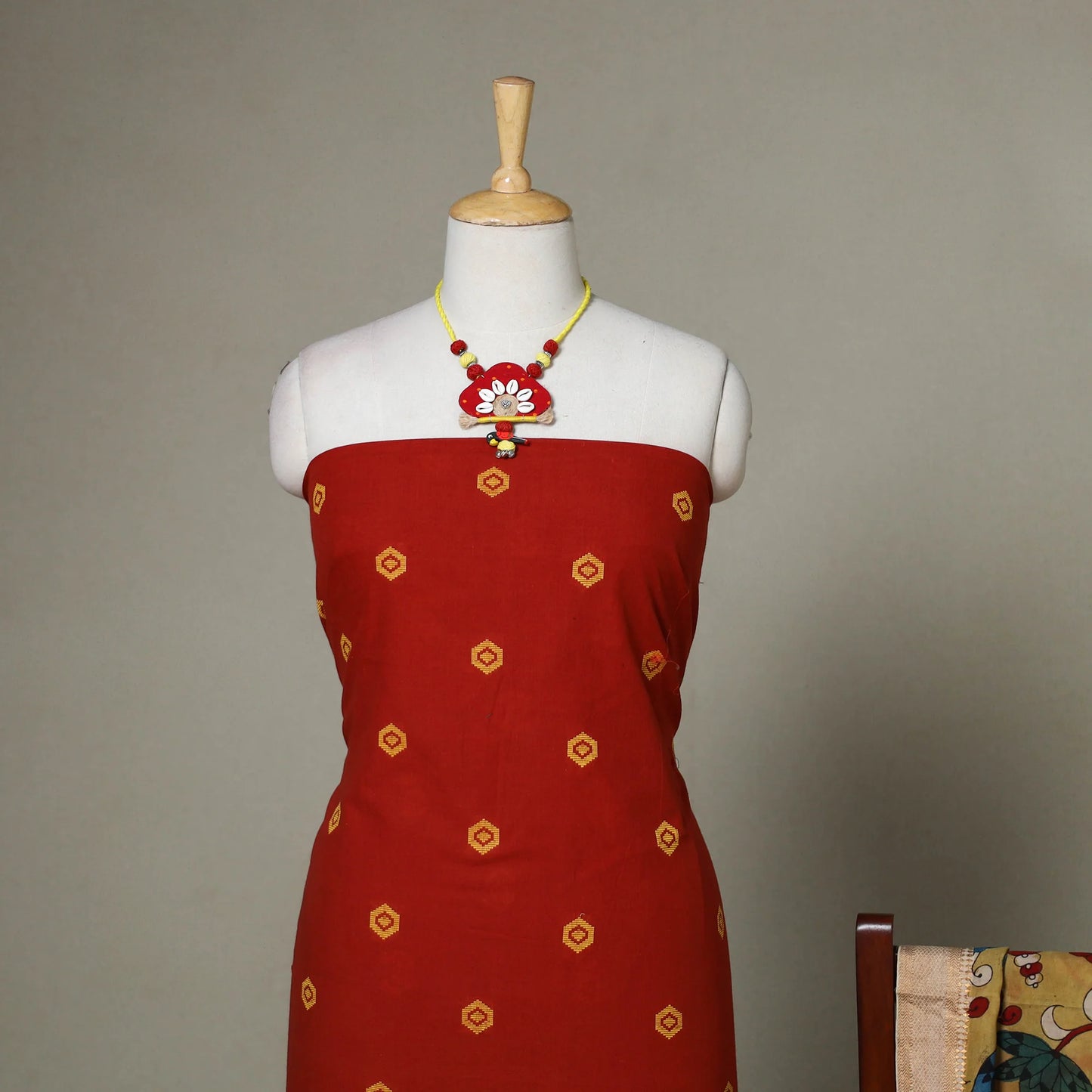 Red Jacquard Cotton Dress Material Set with Hand-Painted Kalamkari Dupatta & Jewelry