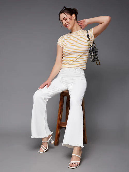 White Bell Bottom Bootcut High Rise Stretchable Denim Jeans