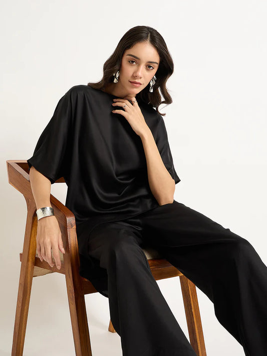 Full Black Satin Asymmetric Co-Ord Set