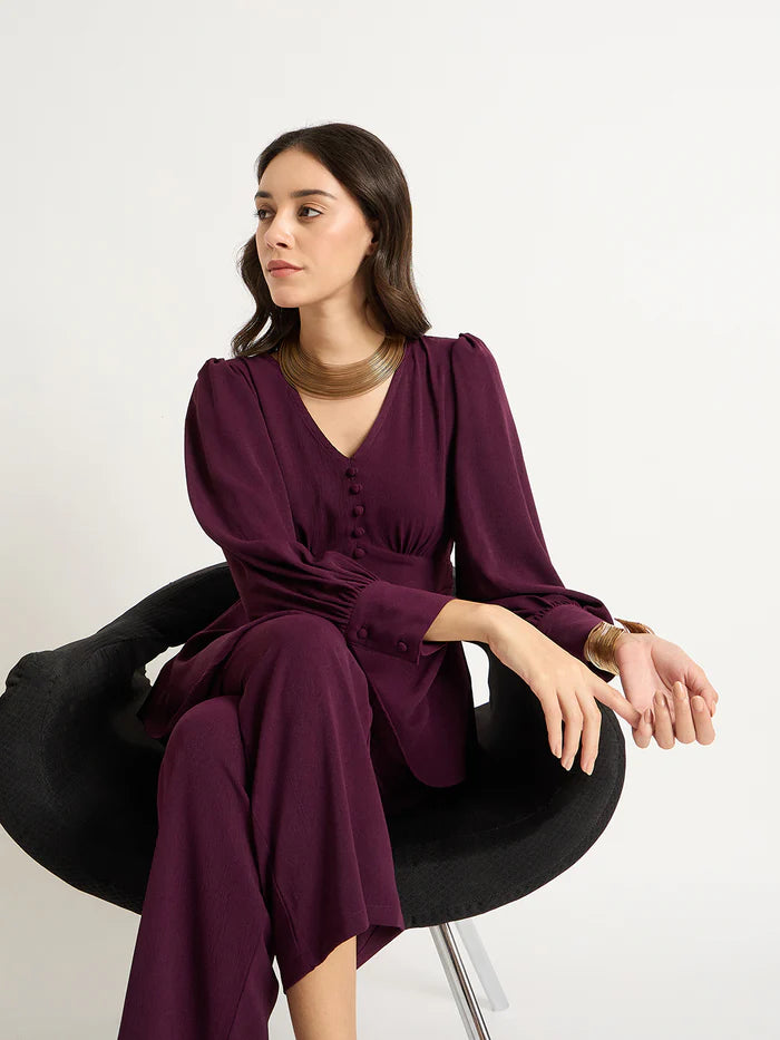 Wine Color V-Neck Co-Ord Set