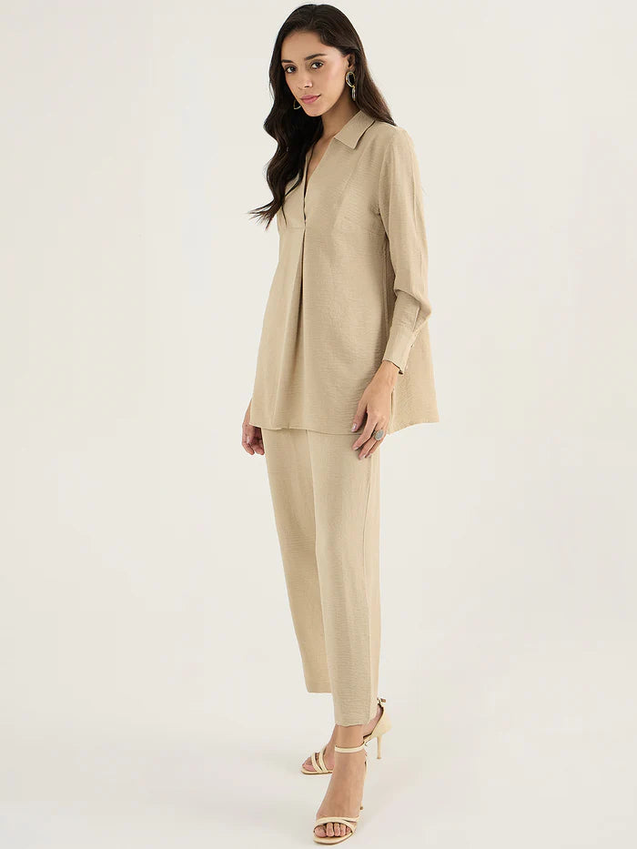 Beige Yoke Detail Co-Ord Set