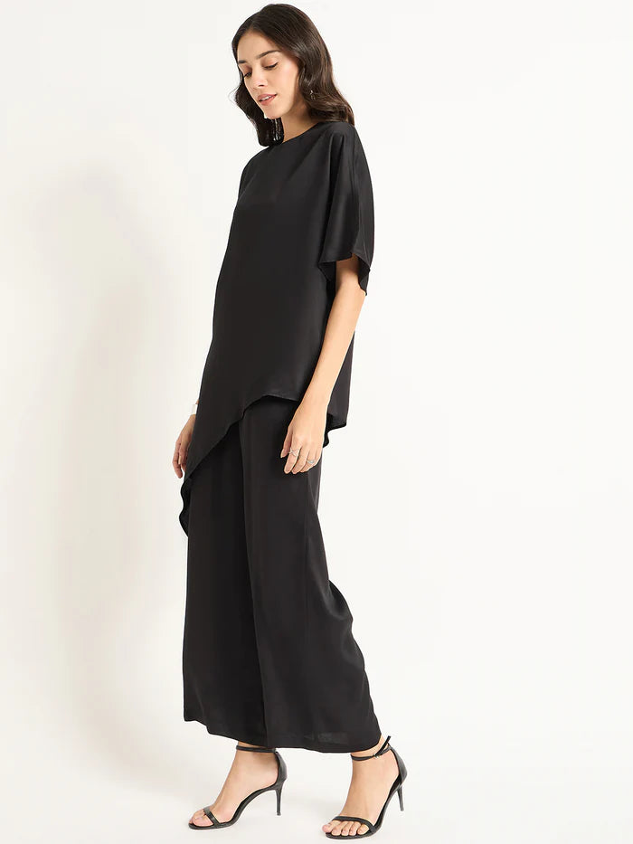 Full Black Satin Asymmetric Co-Ord Set