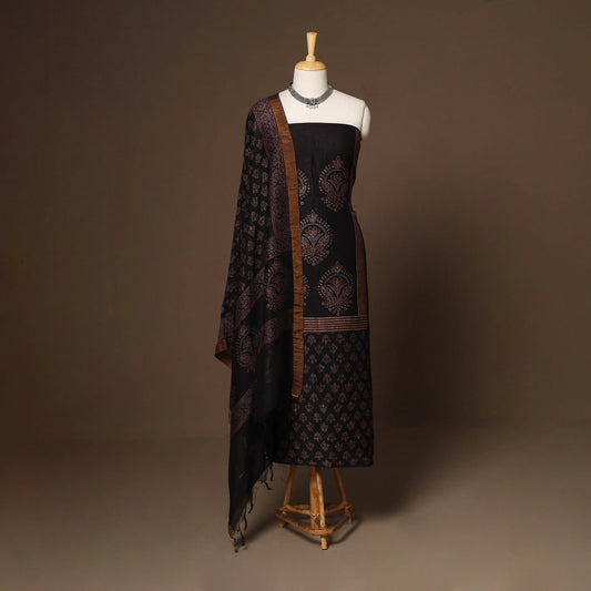 Black Linen Silk Ajrakh Dress Material Set