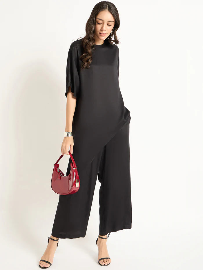 Full Black Satin Asymmetric Co-Ord Set