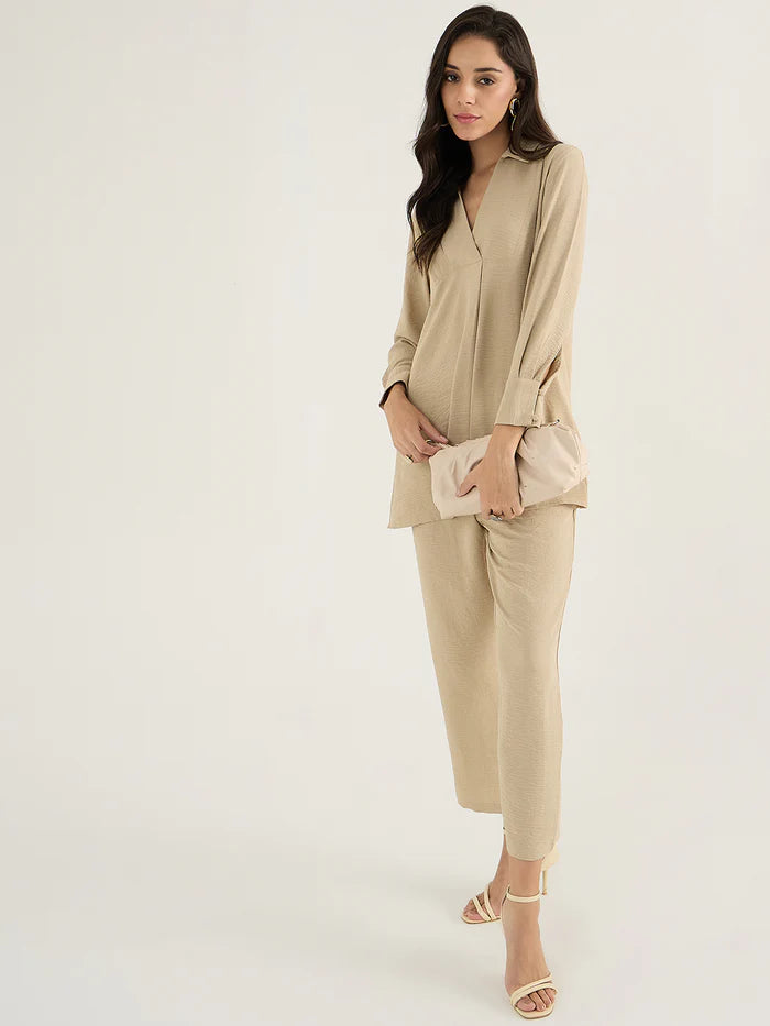 Beige Yoke Detail Co-Ord Set