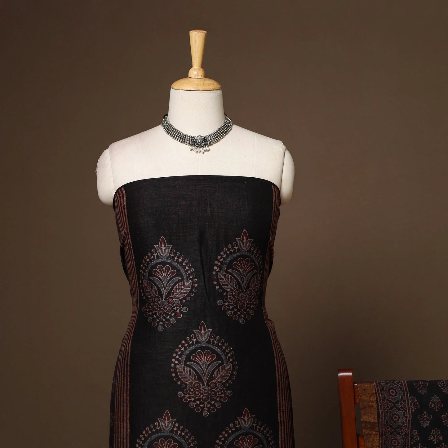 Black Linen Silk Ajrakh Dress Material Set