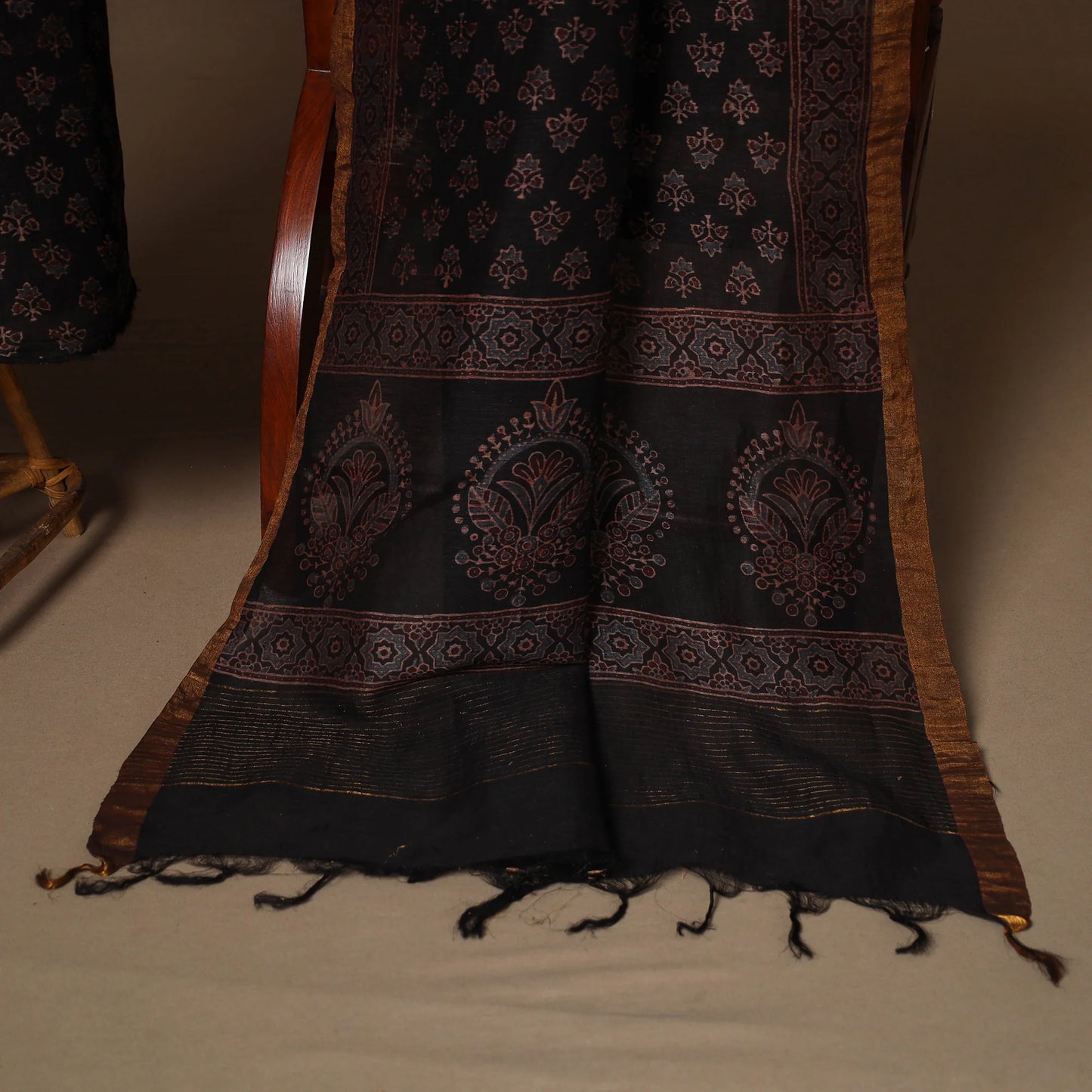 Black Linen Silk Ajrakh Dress Material Set