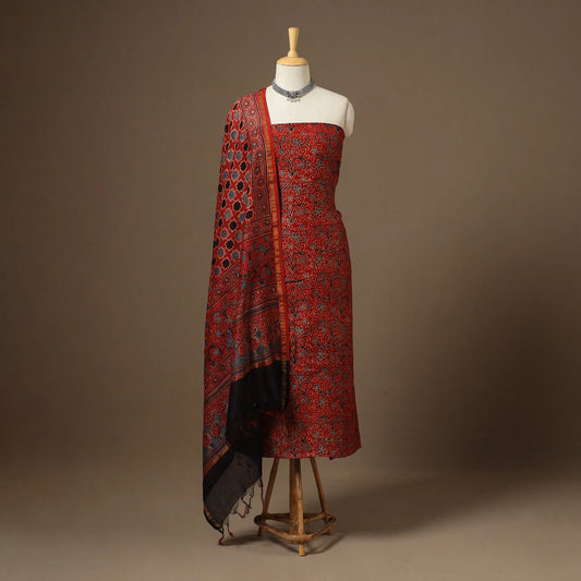 Red Chanderi Silk-Cotton Ajrakh Dress Material