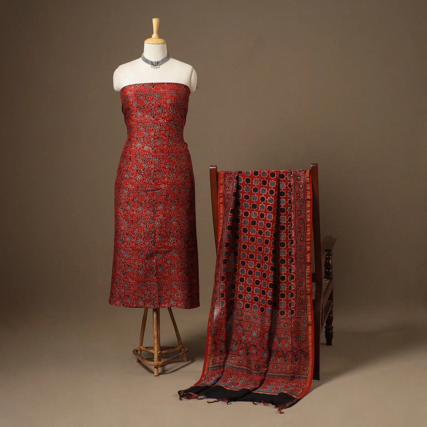 Red Chanderi Silk-Cotton Ajrakh Dress Material
