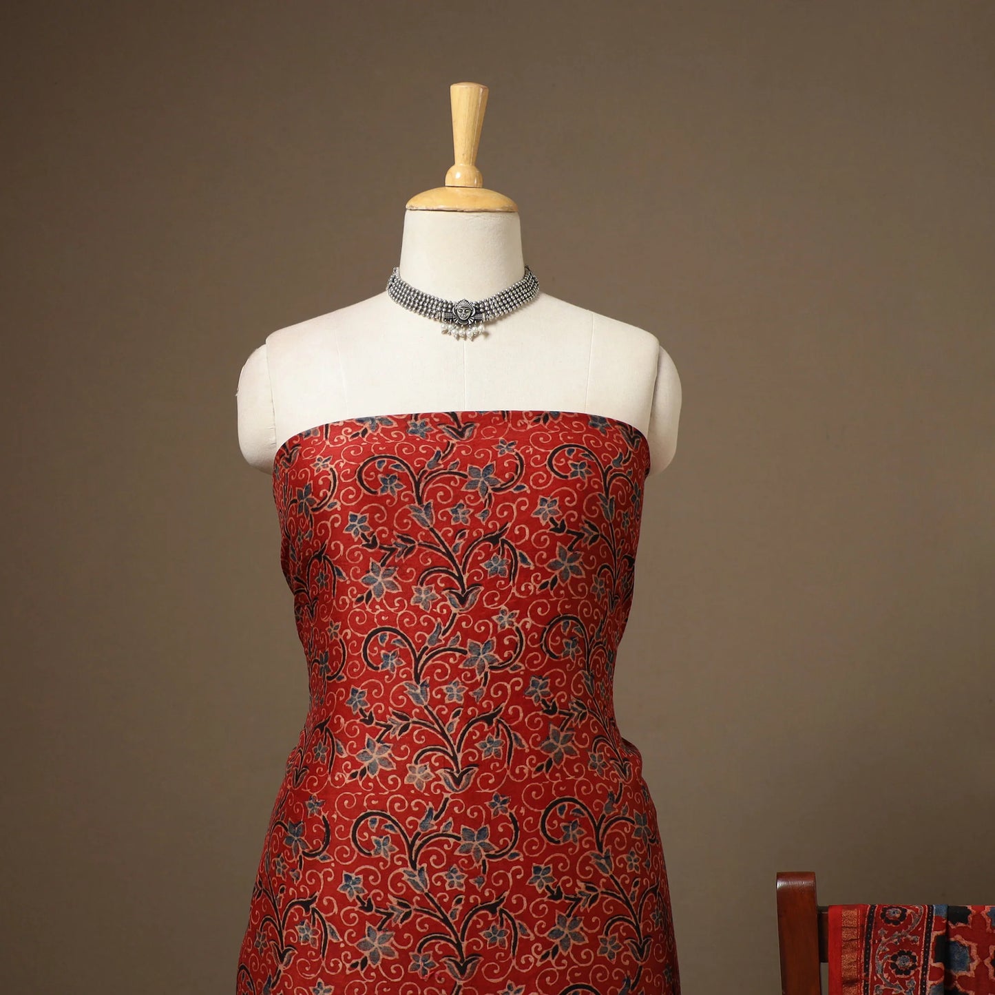 Red Chanderi Silk-Cotton Ajrakh Dress Material