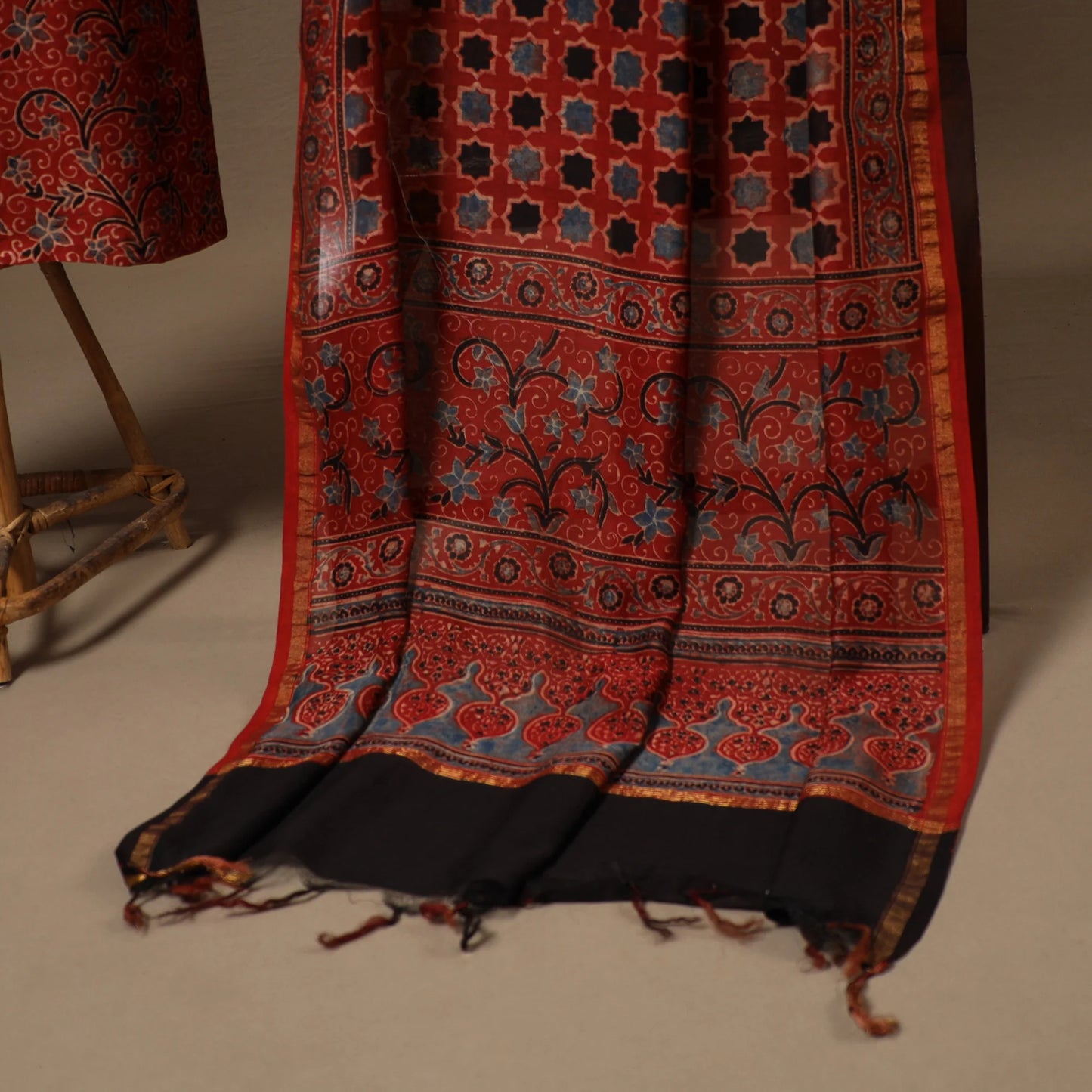 Red Chanderi Silk-Cotton Ajrakh Dress Material