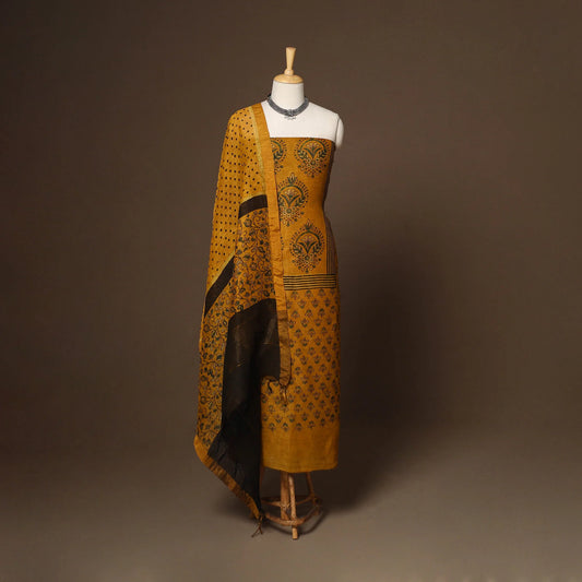 Yellow Linen Silk Ajrakh Dress Material Set