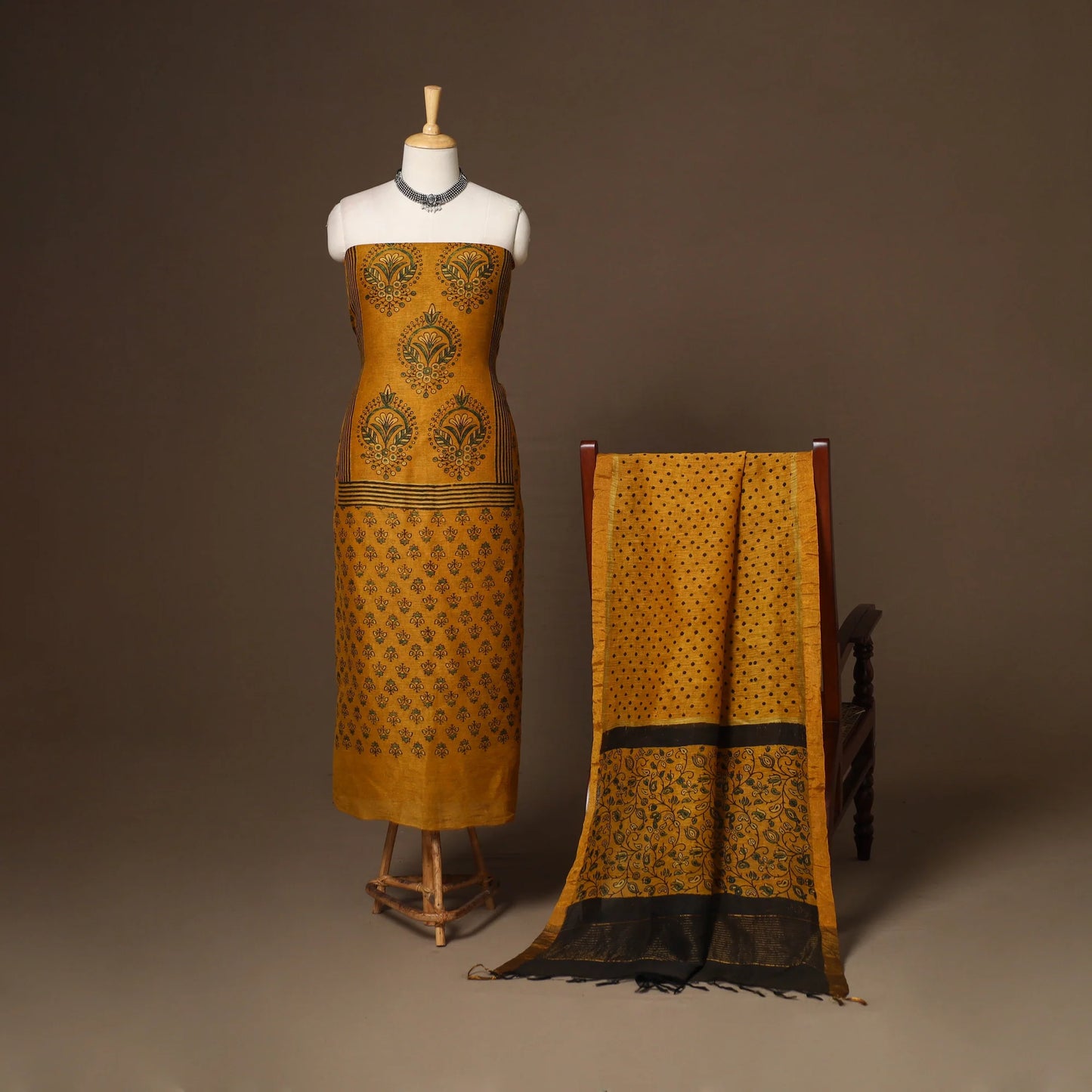 Yellow Linen Silk Ajrakh Dress Material Set