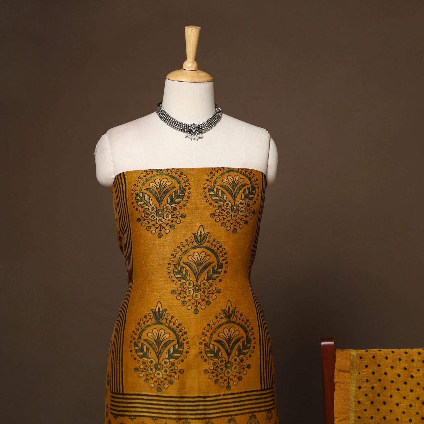 Yellow Linen Silk Ajrakh Dress Material Set
