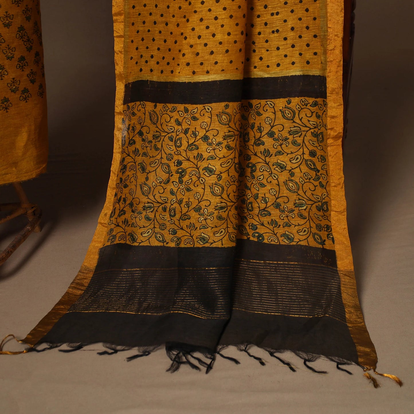 Yellow Linen Silk Ajrakh Dress Material Set