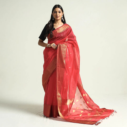 Traditional Red Chanderi Silk Handloom Saree With Zari Border & Buti