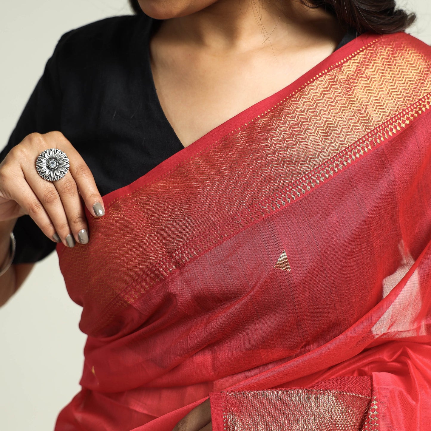 Traditional Red Chanderi Silk Handloom Saree With Zari Border & Buti