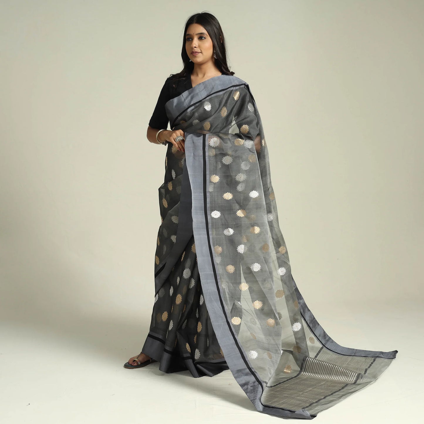 Traditional Grey Chanderi Katan Silk Handloom Saree