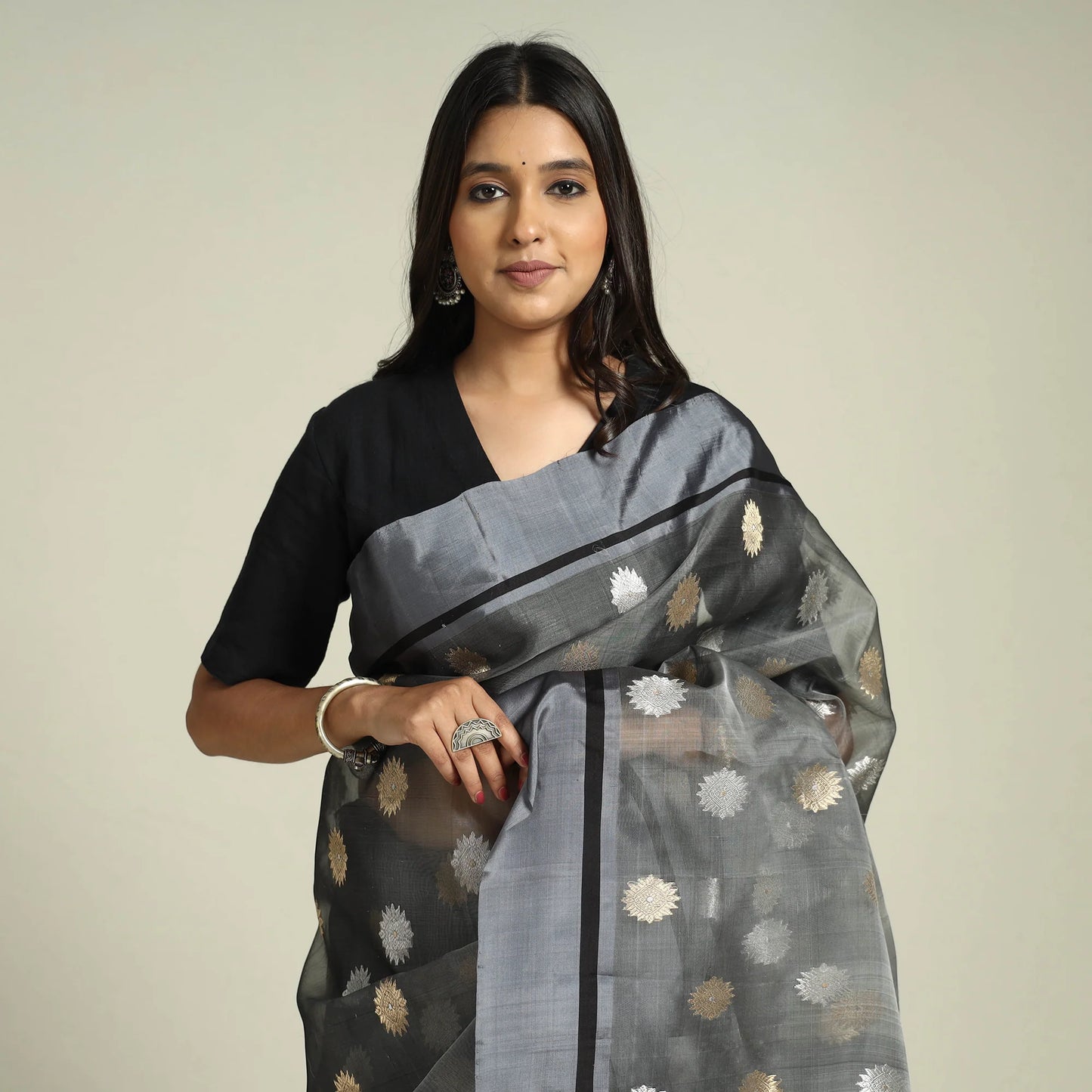Traditional Grey Chanderi Katan Silk Handloom Saree
