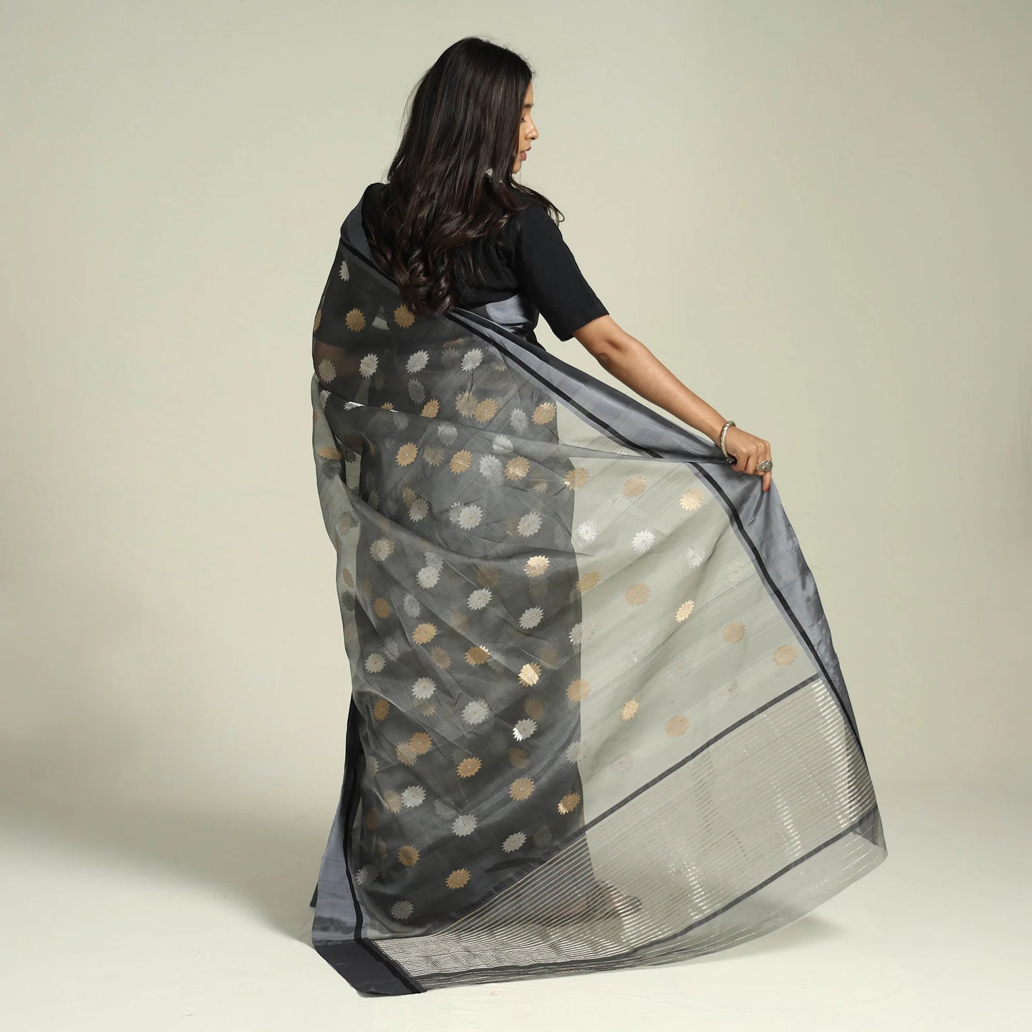 Traditional Grey Chanderi Katan Silk Handloom Saree