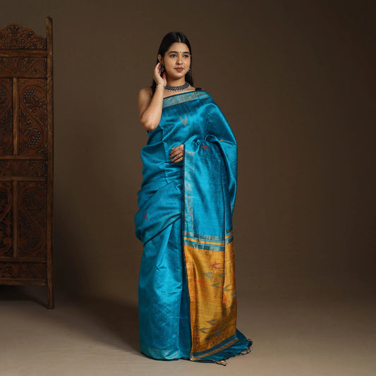 Blue Bhagalpuri Pure Desi Tussar Silk Handloom Saree with Zari Border