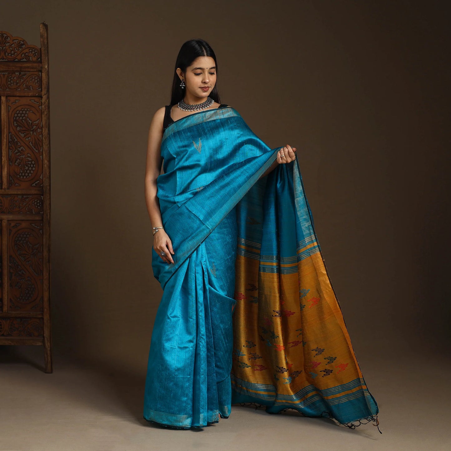 Blue Bhagalpuri Pure Desi Tussar Silk Handloom Saree with Zari Border