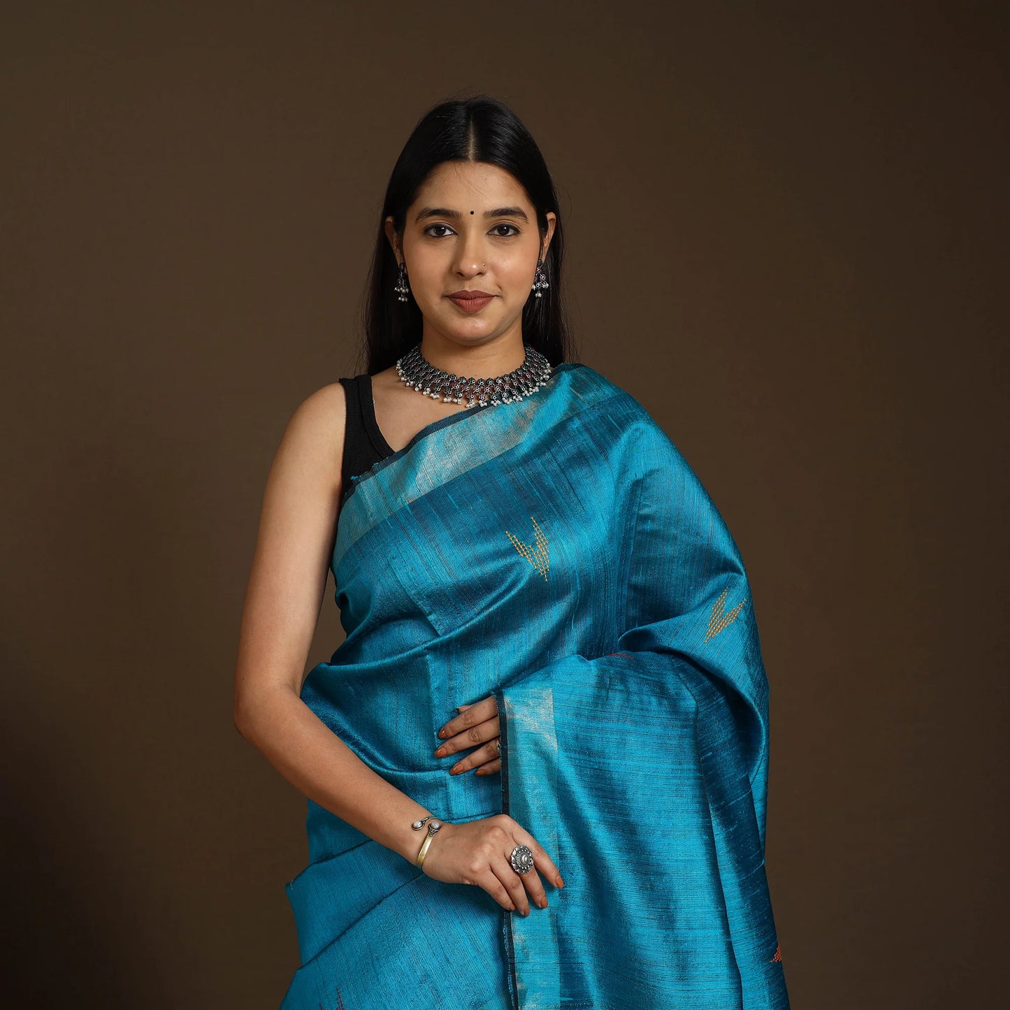 Blue Bhagalpuri Pure Desi Tussar Silk Handloom Saree with Zari Border